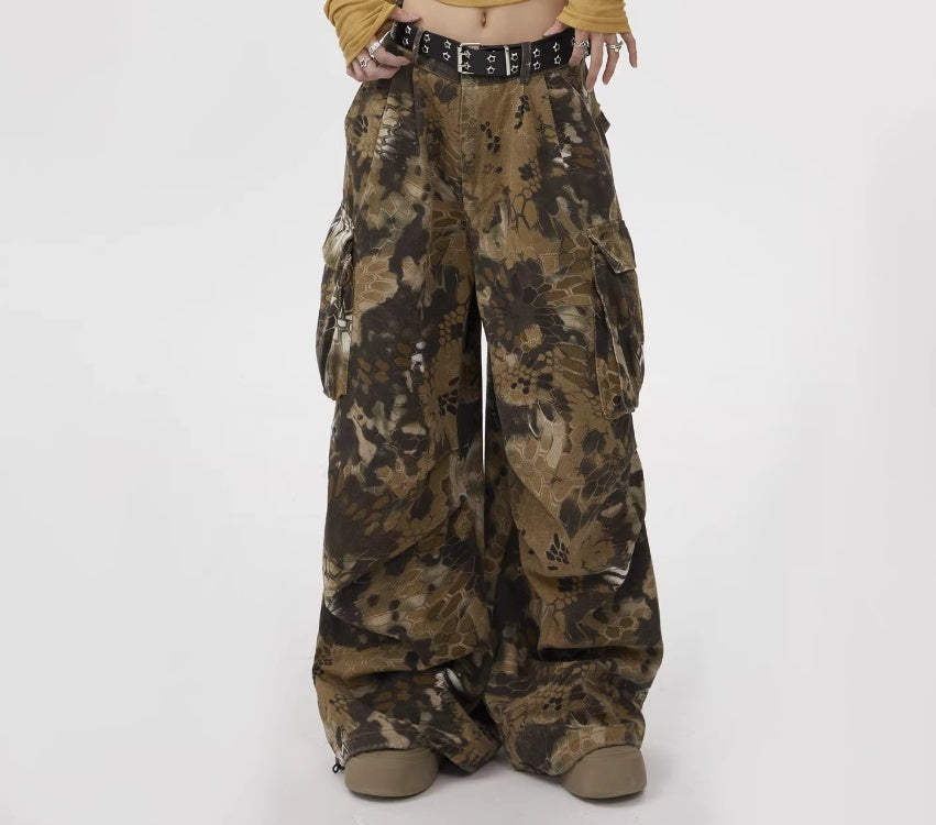 American-style Vintage Camouflage Snake-print Work Pants