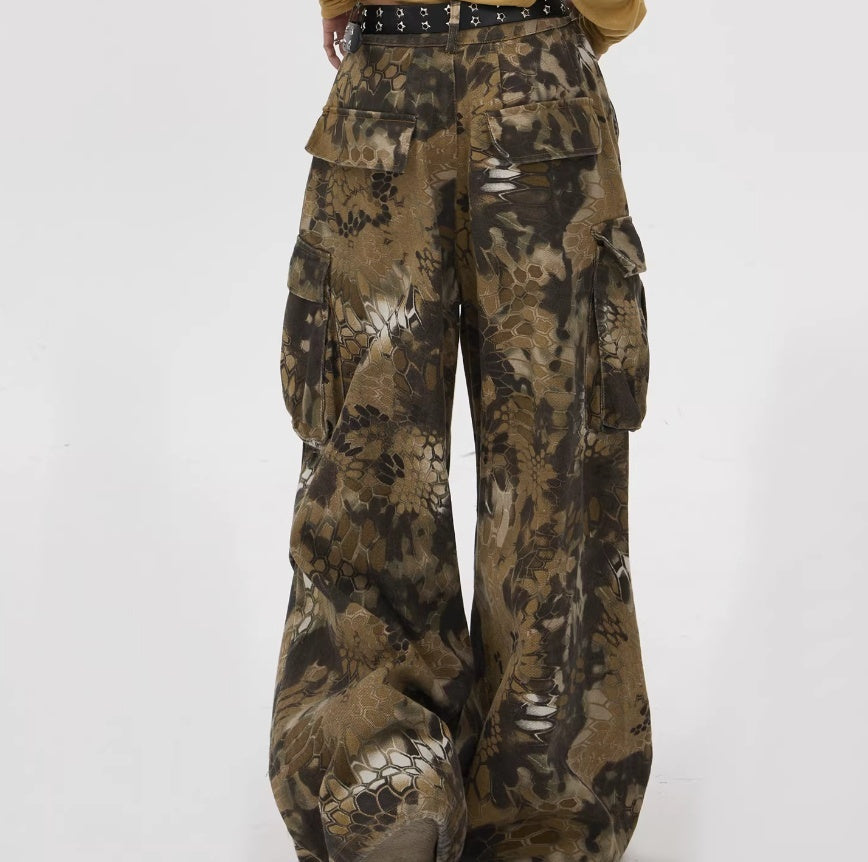 American-style Vintage Camouflage Snake-print Work Pants