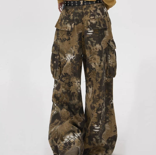 American-style Vintage Camouflage Snake-print Work Pants