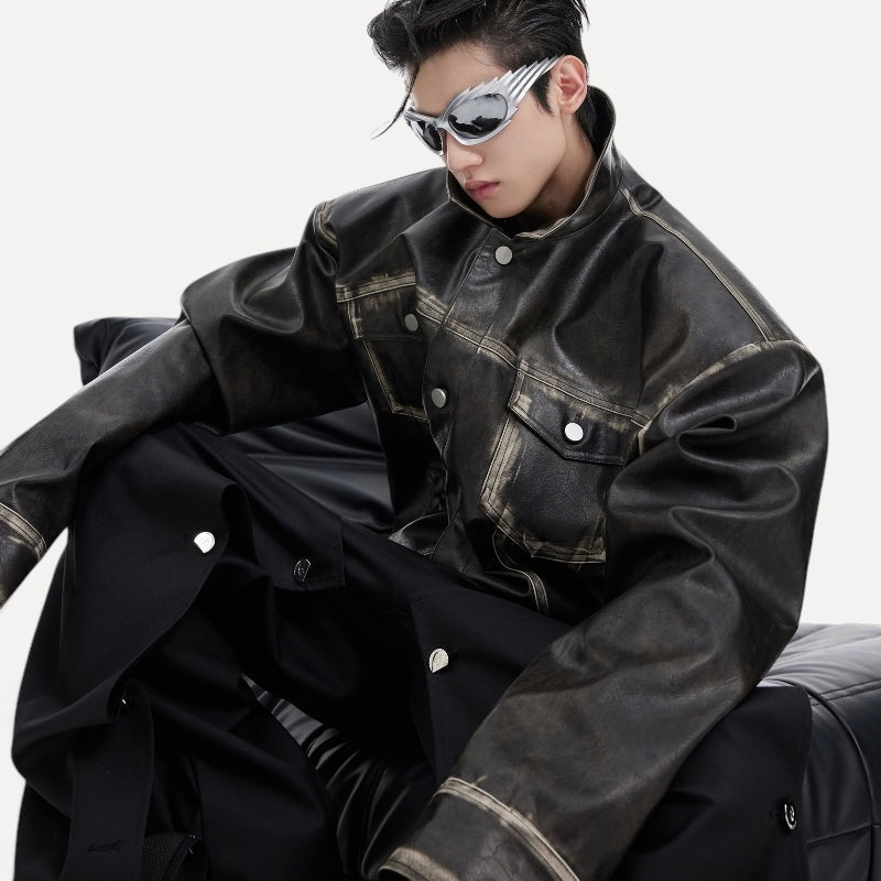 Heavy Vintage Leather Distressed Padded Shoulder Jacket