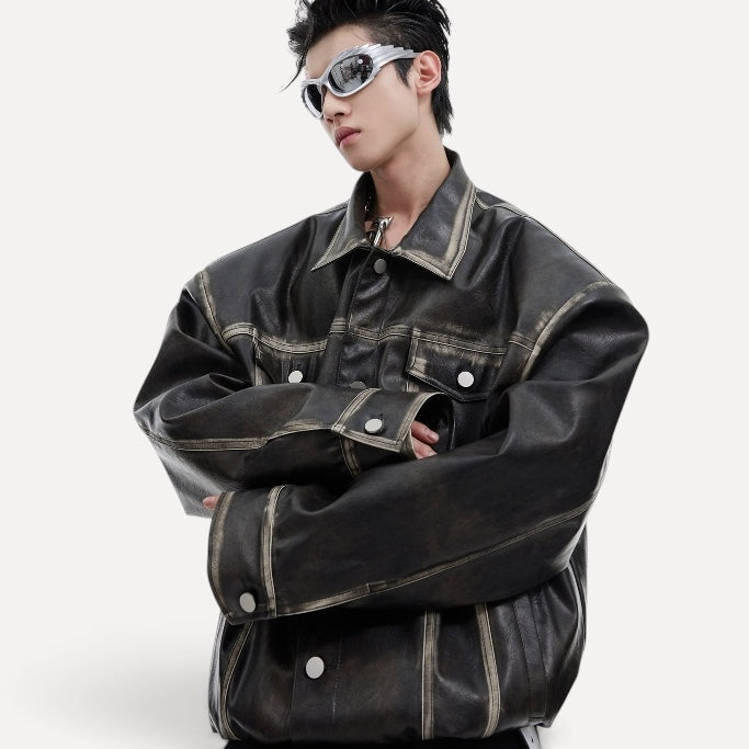 Heavy Vintage Leather Distressed Padded Shoulder Jacket