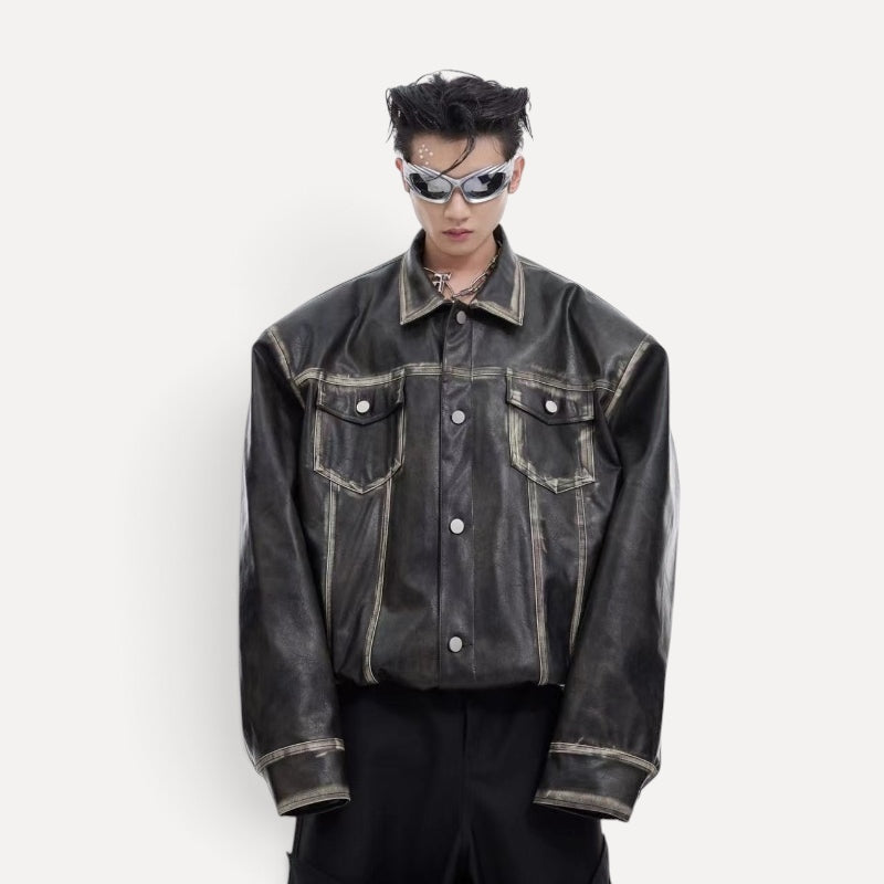 Heavy Vintage Leather Distressed Padded Shoulder Jacket