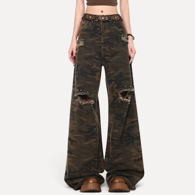 High Street Ripped Brushed Camouflage Jeans