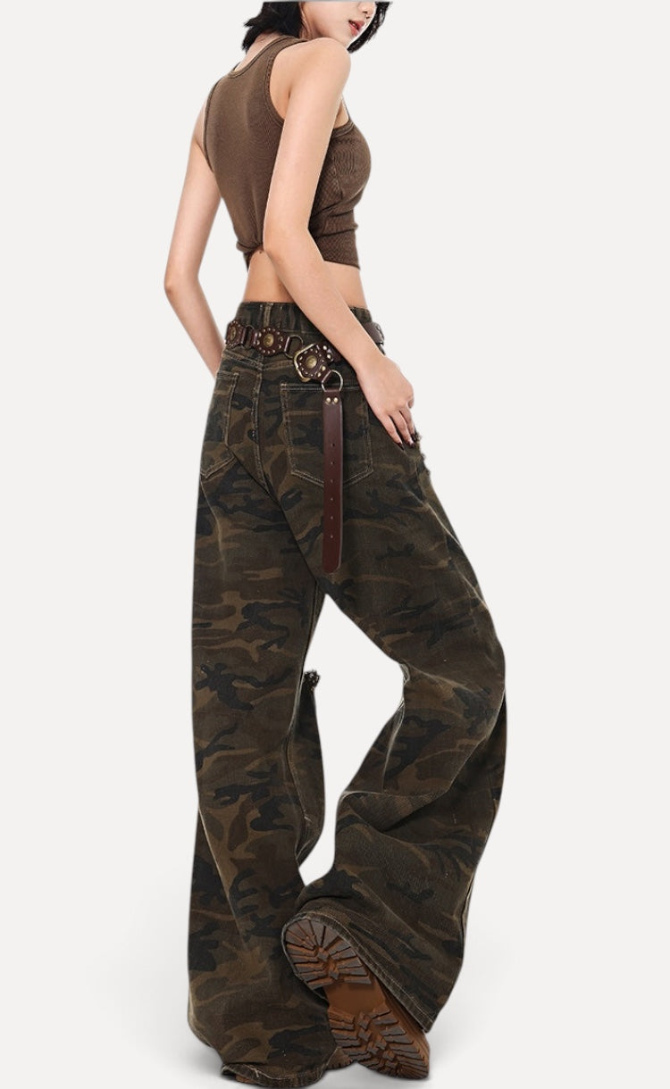 High Street Ripped Brushed Camouflage Jeans
