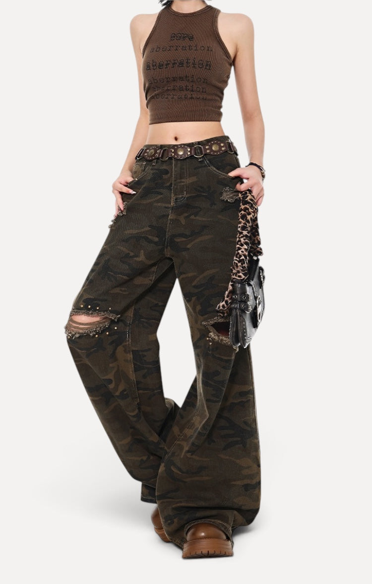 High Street Ripped Brushed Camouflage Jeans