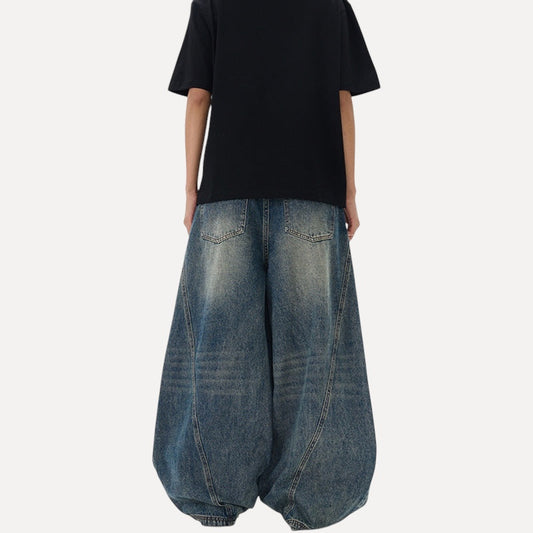 American-style Vintage Blue Washed Tie-dye Bootcut Jeans