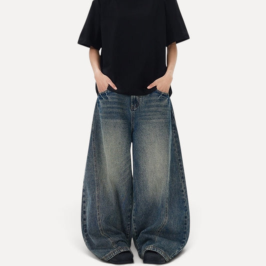 American-style Vintage Blue Washed Tie-dye Bootcut Jeans