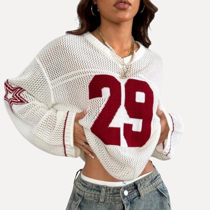 New Women's Knitted Striped Digital Print Blouse