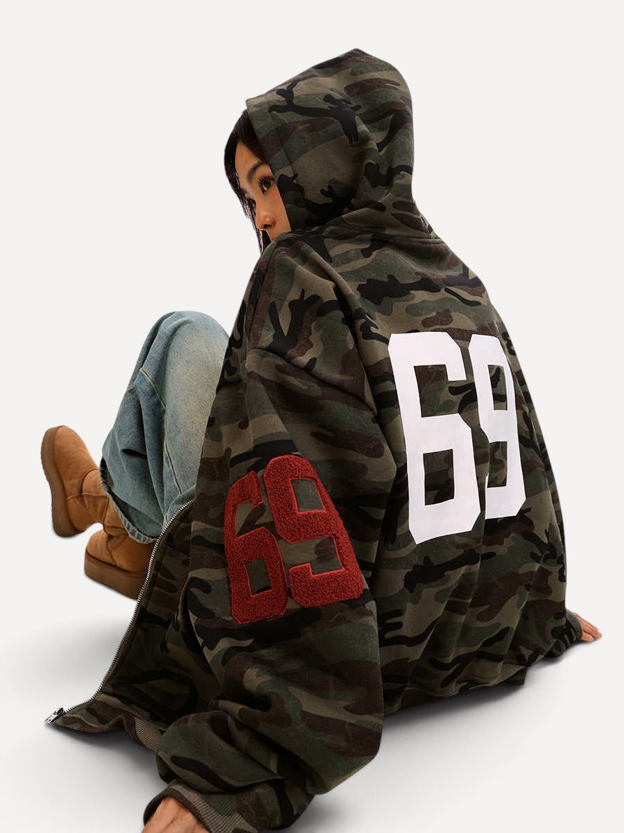 Fleece-lined Thickened Camouflage Cardigan Hoodie