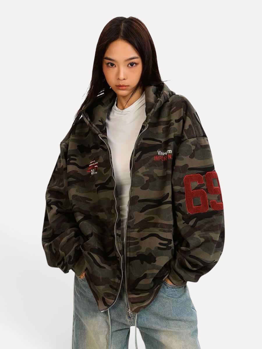 Fleece-lined Thickened Camouflage Cardigan Hoodie